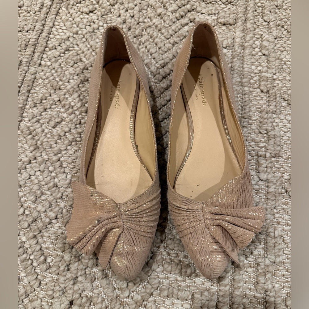 Kate Spade Beige Glitter Bow Flats